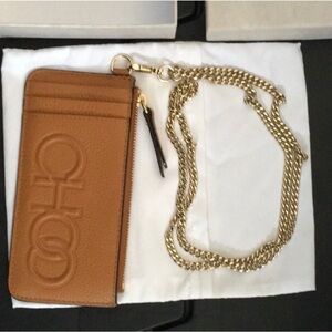 Authentic Cognac Jimmy Choo Card Holder with Gold Chain